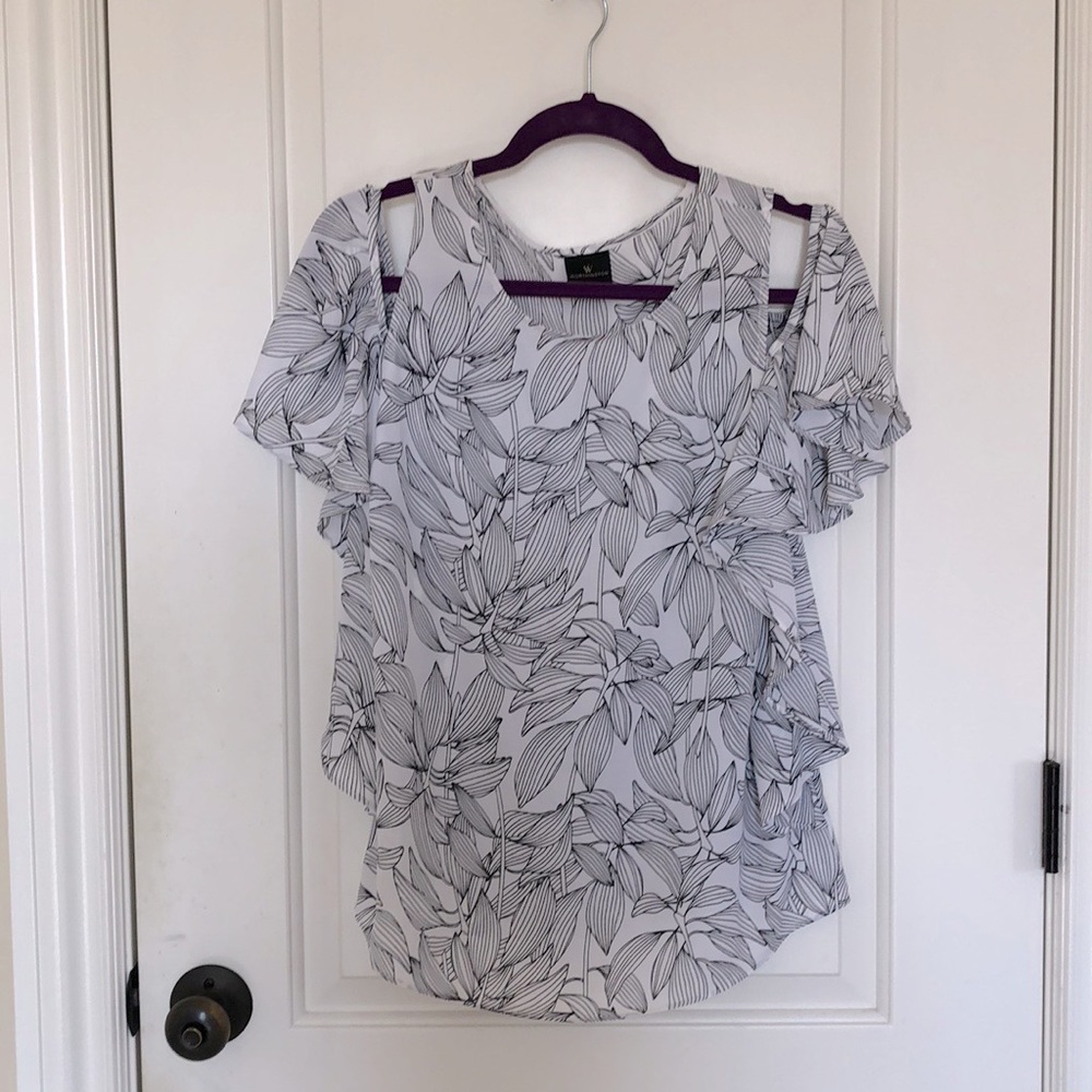 White Floral Cold-Shoulder Ruffle Sleeve Top S